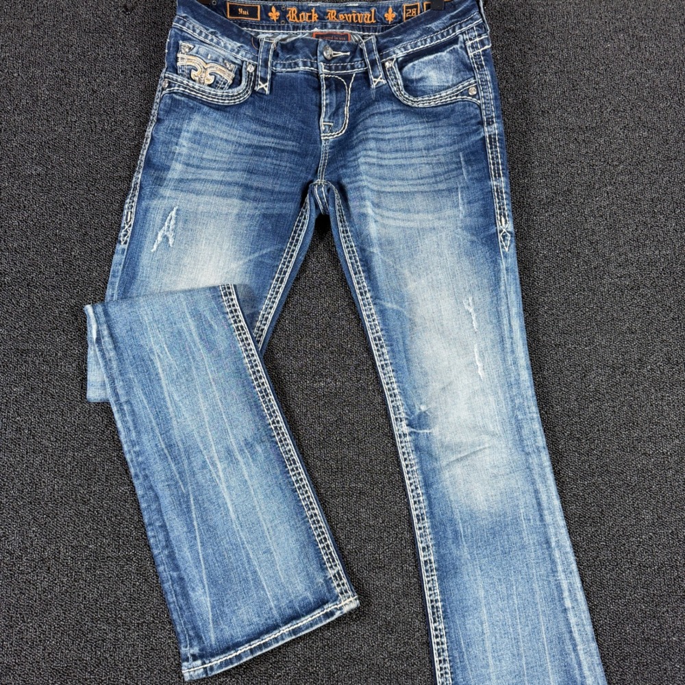 Rock Revival Yui Low Rise Bootcut Jeans Womens 28 Distressed Embellished Pockets